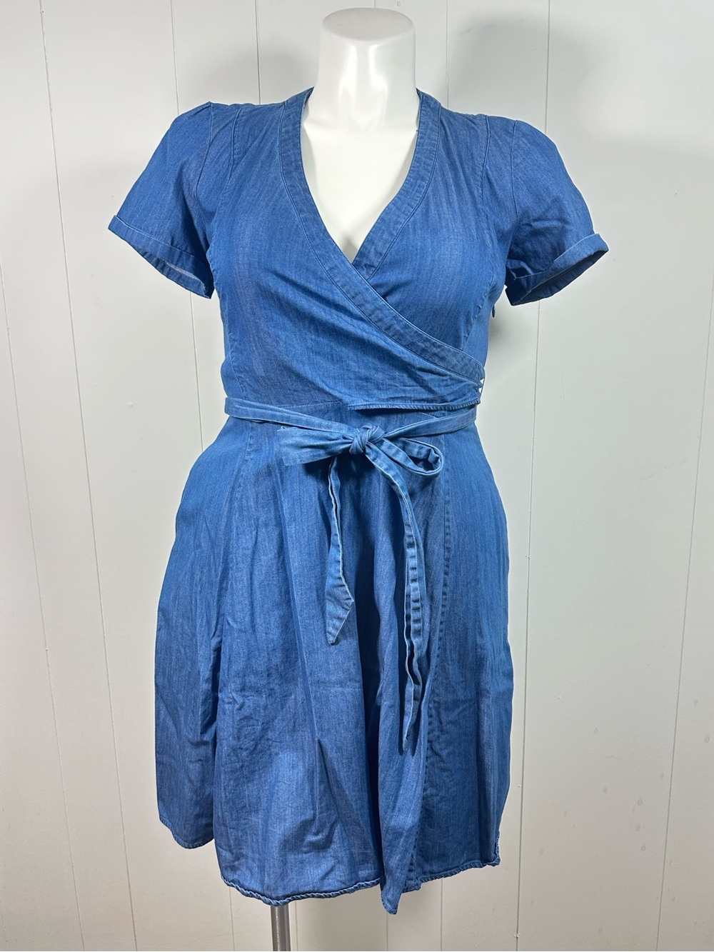 Boden Sz 8R Denim Fit & Flare Faux Wrap Cotton Dress Women’s Blue Short Sleeve - Picture 2 of 15
